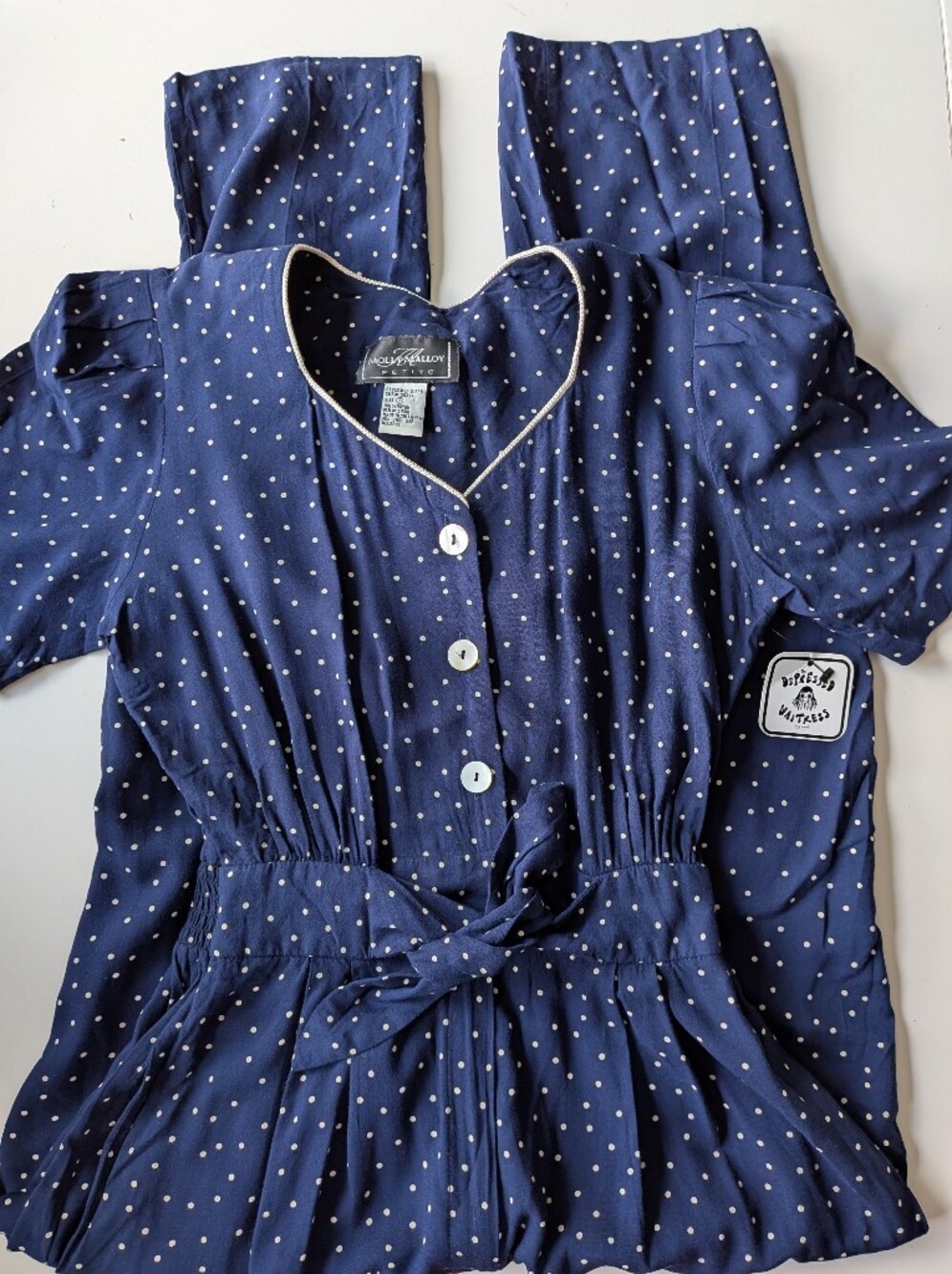 Vintage 90s Molly Malloy Petite Navy Polka Dot Rayon Jumpsuit 6P Zip Fly Tie